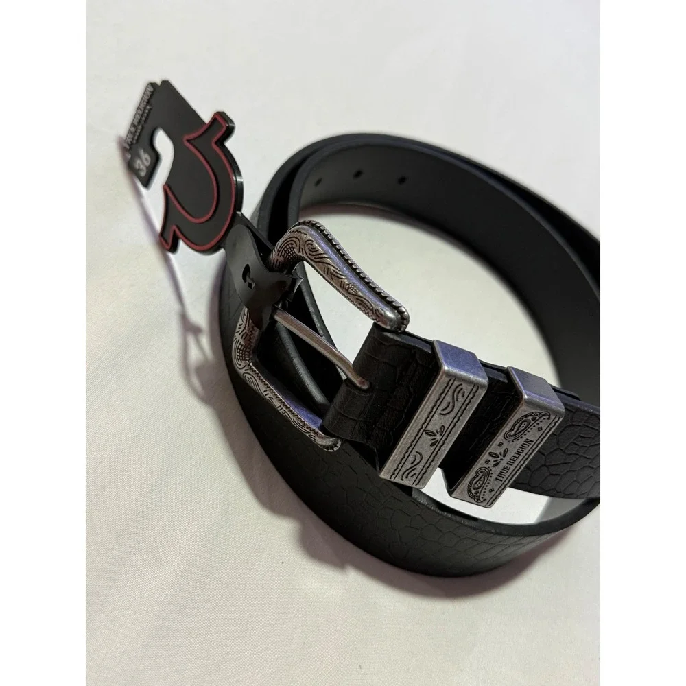 True Religion Palomo Western Belt Black‎ Croc Embossed Silver Buckle Size 36 NWT